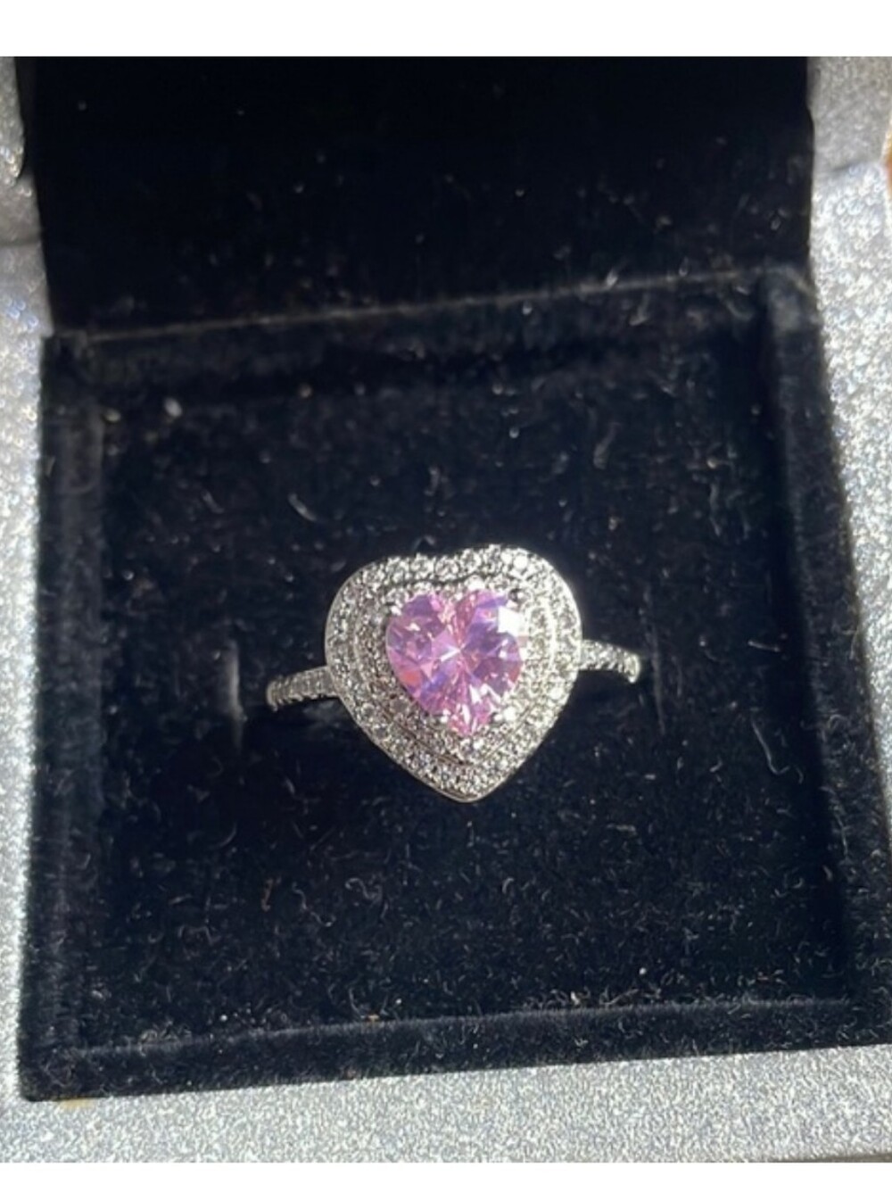 Pink Double Halo Heart Ring – Sparkling Silver Tone Size 7